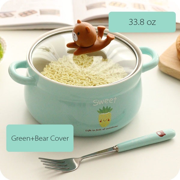 Cartoon Animal Ceramic Bowl with Glass Lid - Perfect for Kids