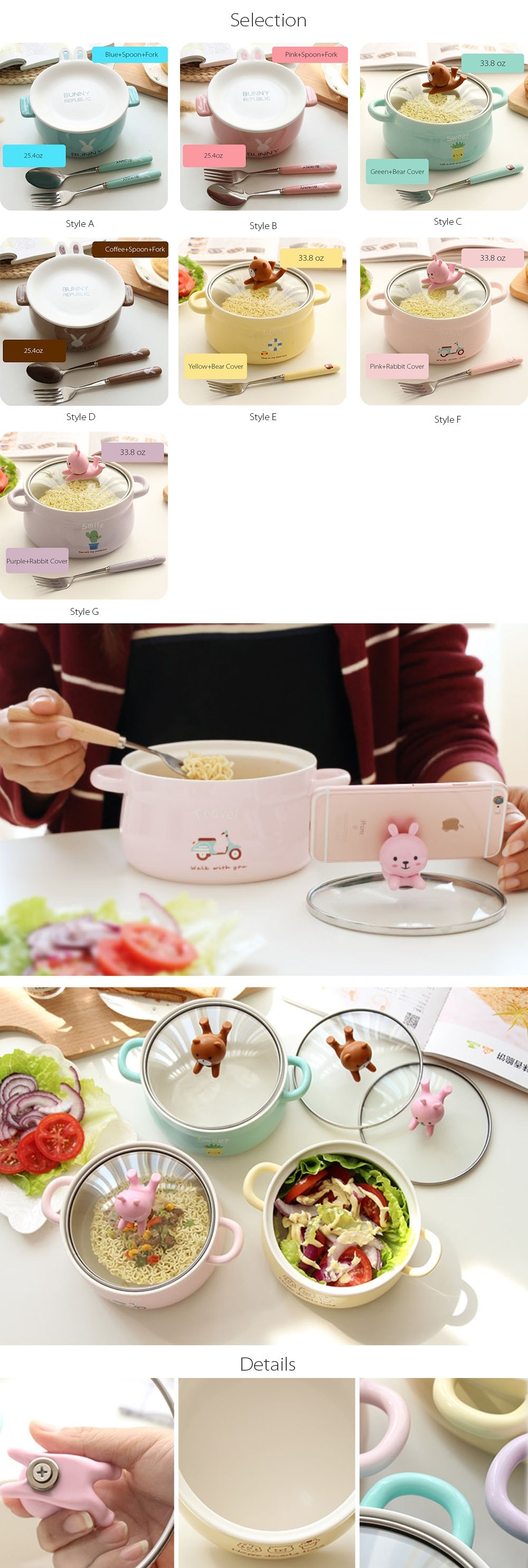 Rabbit Cartoon Porcelain Bowls With Spoon Large Microwavable Ceramic Noodle/Soup Bowls with Lid and Bowl Handle