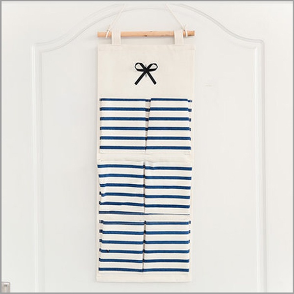 Linen Cotton Fabric Wall Door Cloth Hanging Storage Bag Case 5 Pocket Home  Organizer (White Polka Dots)