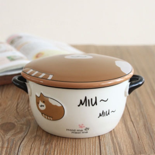 Cute Kitty Large Noodle Bowl,Big Cute Cartoon Ceramic Soup Bowl with Lid and Handle for Rice/Salad/Instant/Noodle/Vegetables Fruit 700 ml