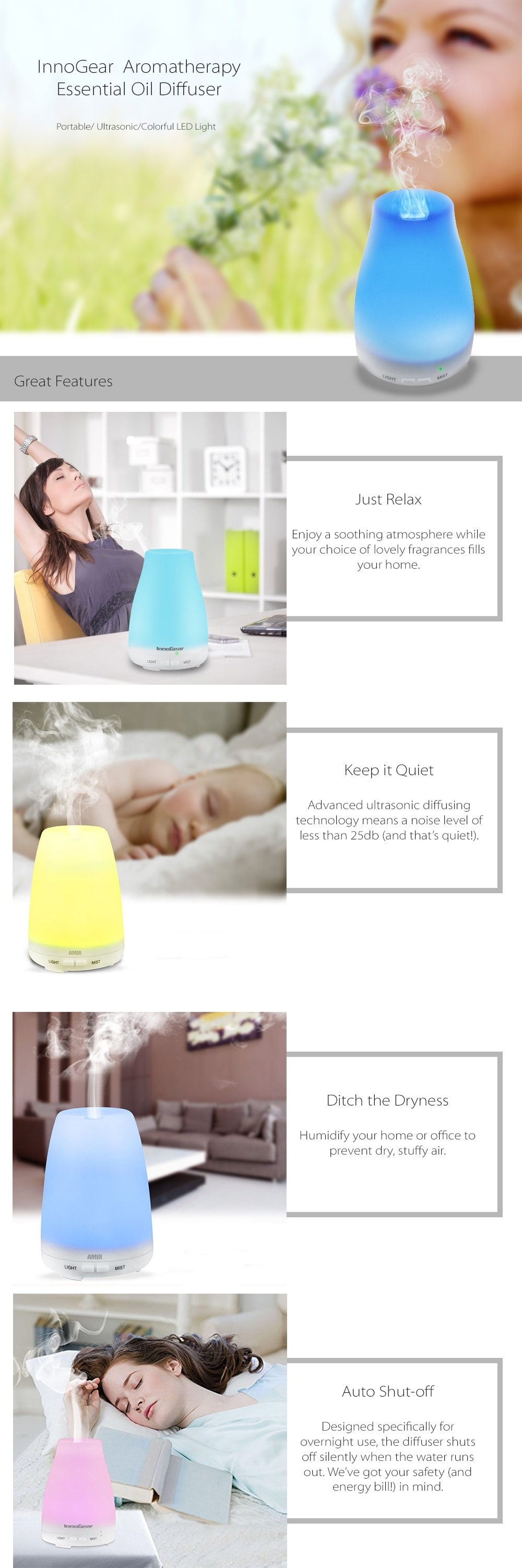 InnoGear Essential Oil Diffuser, 150ML Handcrafted Ceramic Diffuser for Essential  Oils Aromatherapy Diffuser Ultrasonic Cool Mist Humidifier with 2, Innogear  Essential Oil Diffuser 