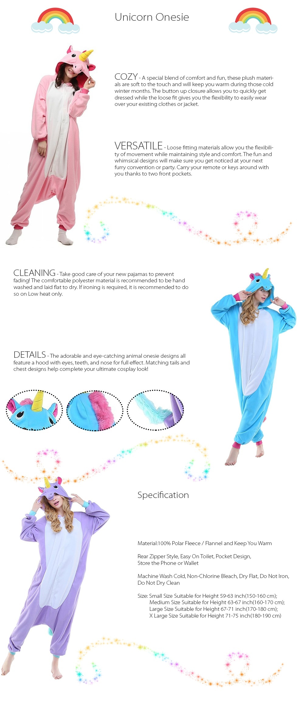 Emolly Fashion Kids Animal Unicorn Pajama Onesie Soft and Comfortable with Pockets 